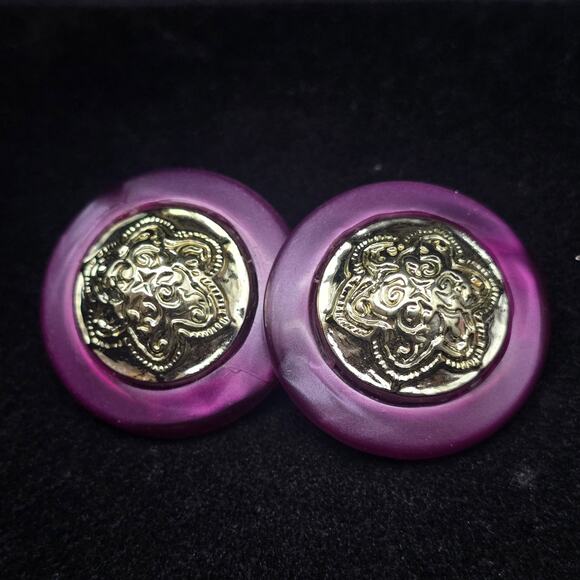 Marbled Purple Acrylic Medallion Earrings Clip On Vintage 1980s Jewelry - Picture 2 of 6